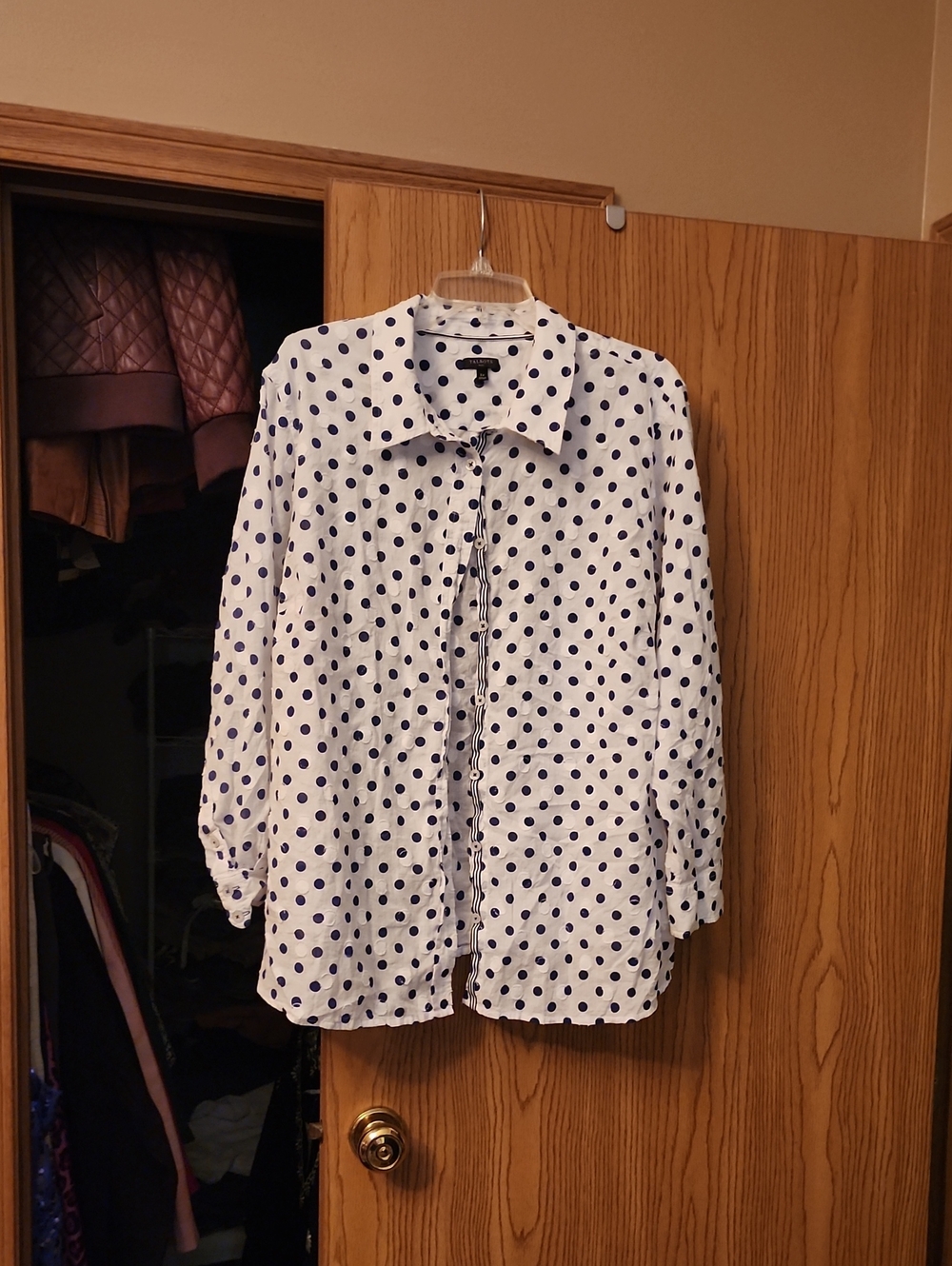 Talbots White Top with Navy Blue Polka Dots